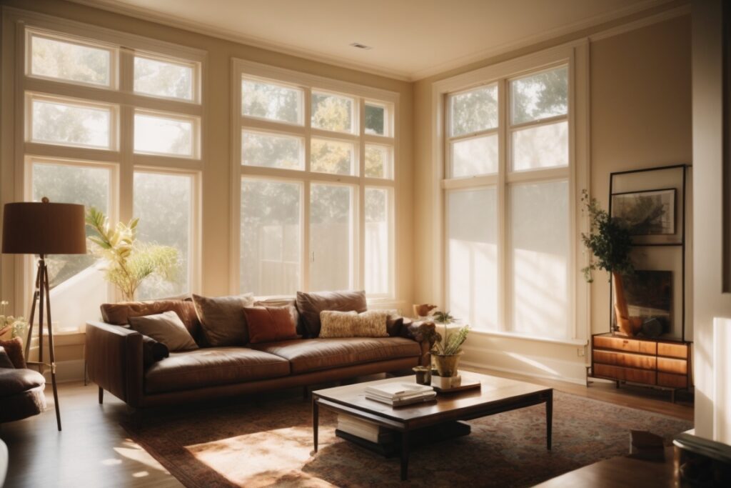 Oakland home interior with UV protection window film, sunlight filtering through