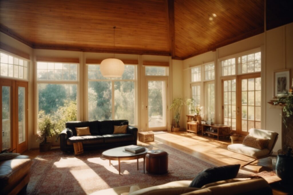 Interior view of a living room with glare reduction window film applied