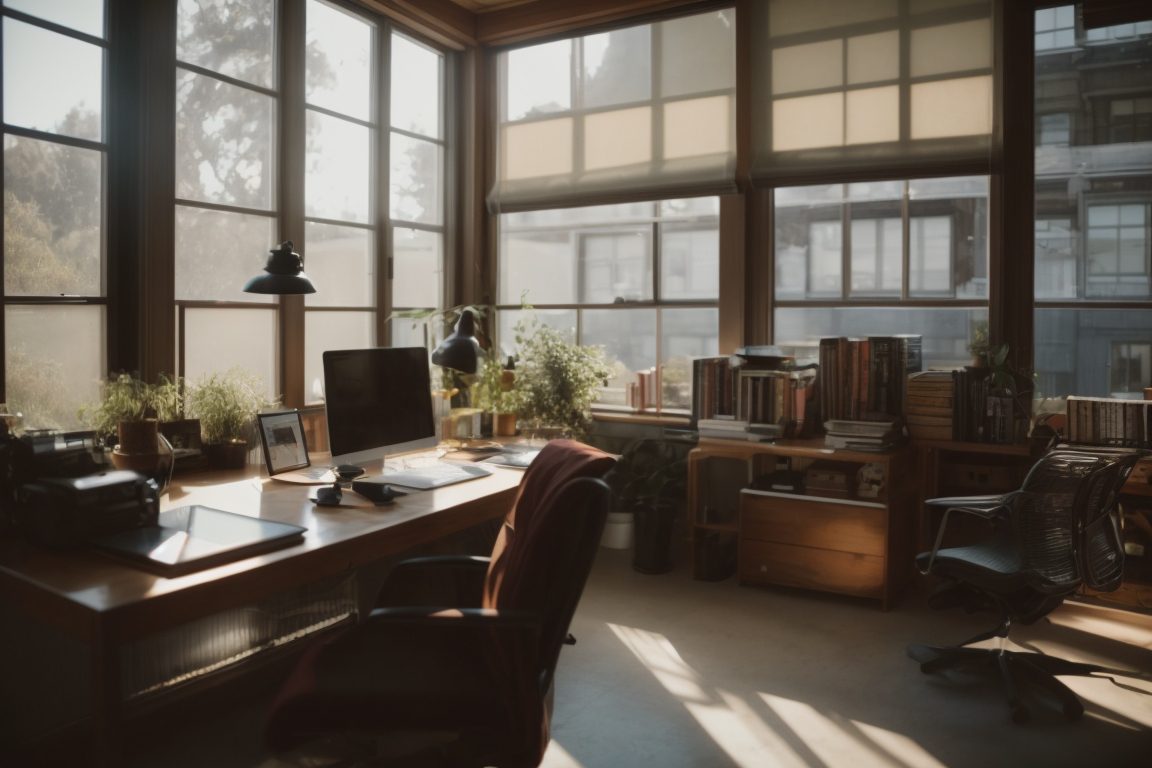 Oakland home office with frosted opaque windows and natural light