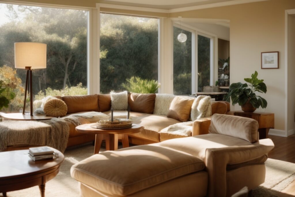 Oakland home interior with noticeable sun glare and faded furniture before window film installation