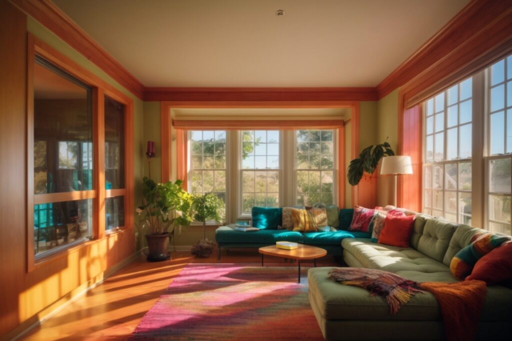 interior of a vibrant Oakland home with colorful light through window film