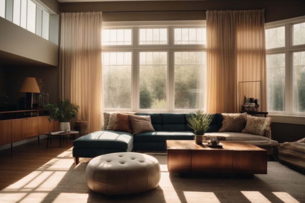 interior living room with sunlight filtered through tinted windows