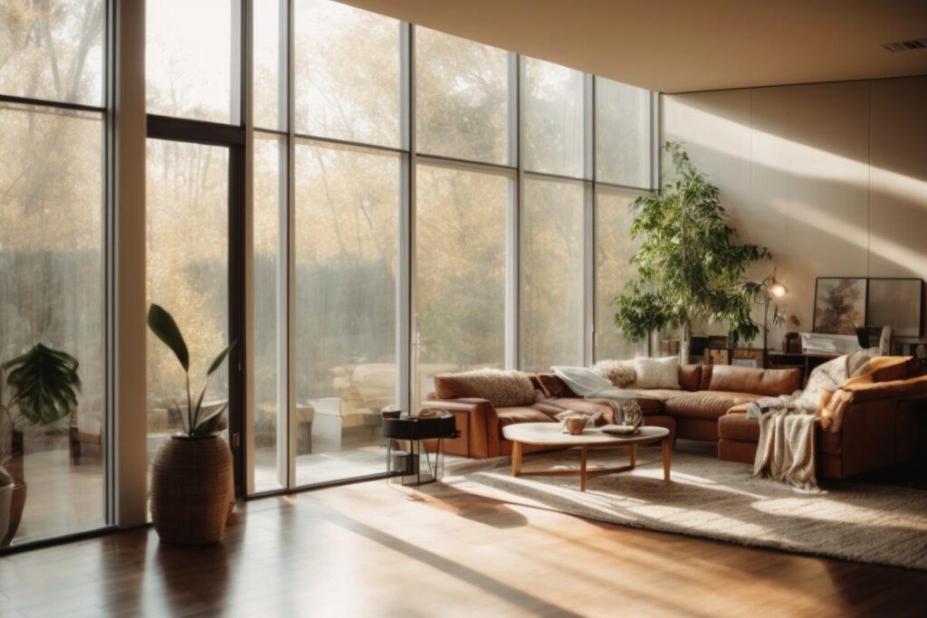 Home interior with sunlight filtering through window film, energy-efficient living room setting