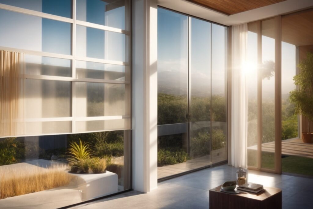 modern home interior showing sunlight filtered through energy saving window film
