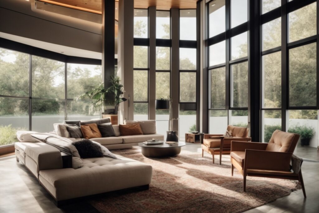 Modern living room with large windows featuring solar control film