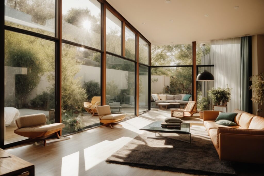 Oakland home interior with sun-protected modern living room