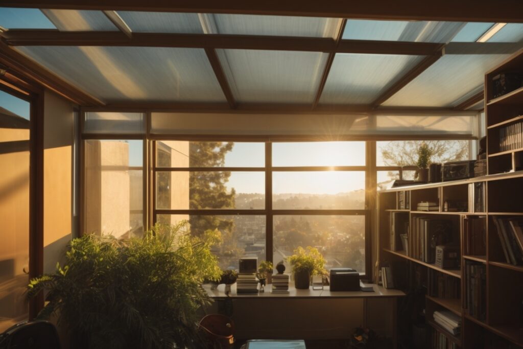 Sunlit home office in Oakland with glare reduction window film installed
