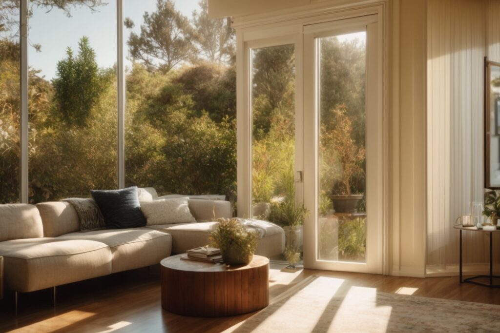 Oakland home interior with energy saving window film, sunlight filtering through