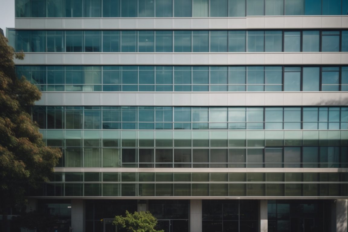 Modern office building in Oakland with window tinting, promoting eco-friendliness and employee health