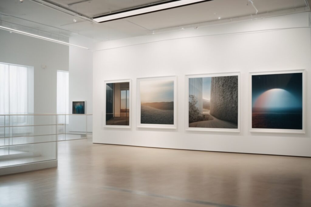 Art gallery interior with visible UV protection films on windows