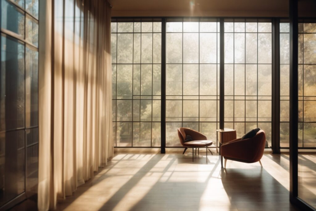 interior room with sunlight filtering through decorative film on windows