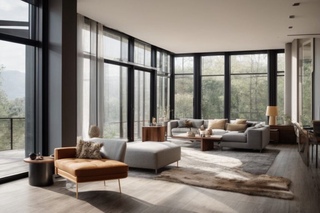 Modern spacious living room with windows protected by residential window film