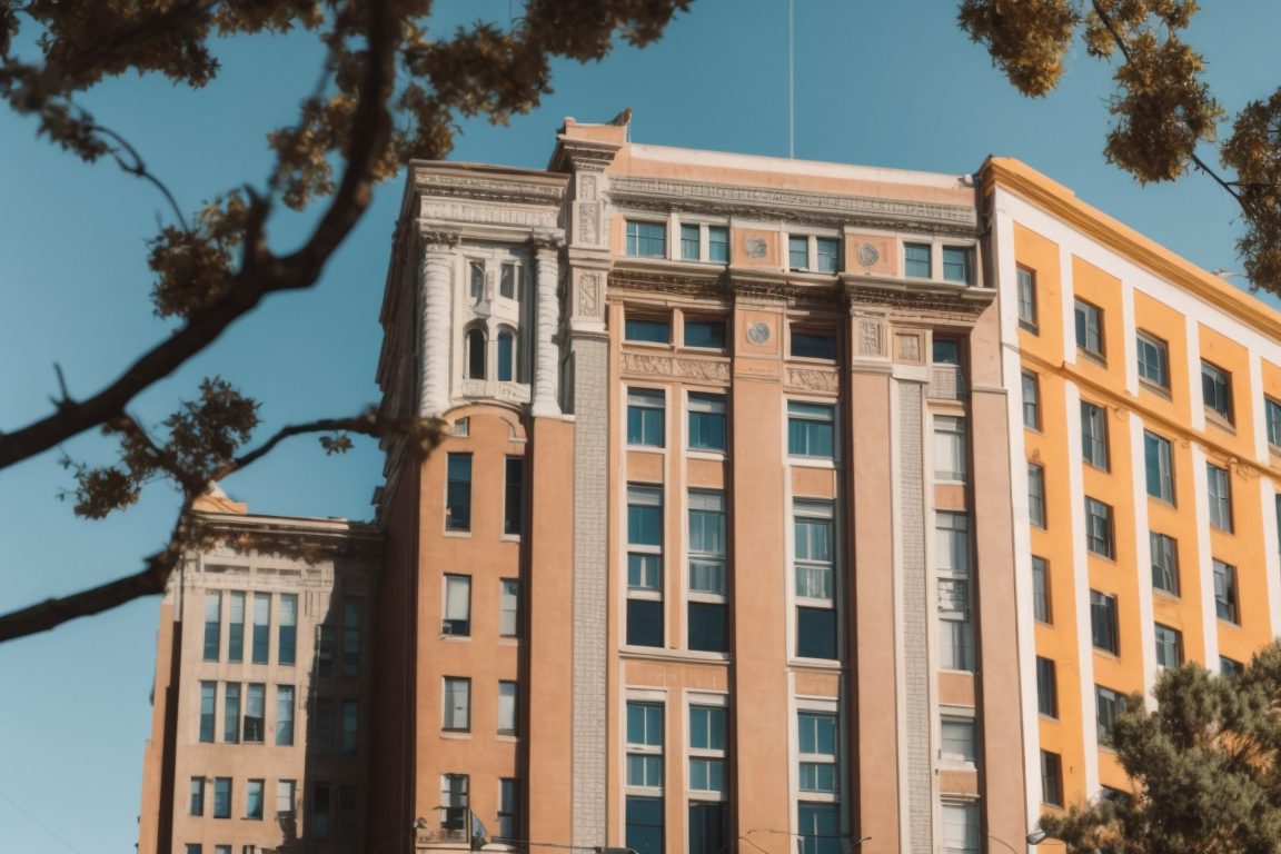 Historic Oakland building with window tint film protecting vibrant facade