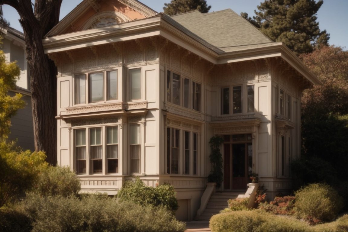 historic Oakland home with opaque tinted windows and sunlight filtering through