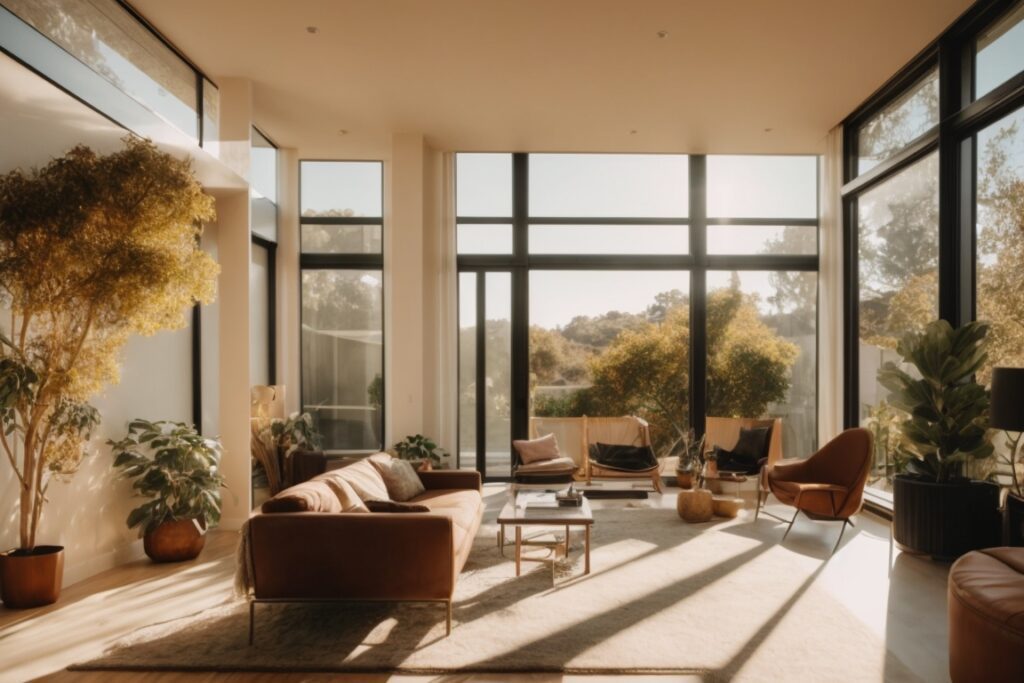 Modern Oakland home interior with tinted windows and sunlight filtering through