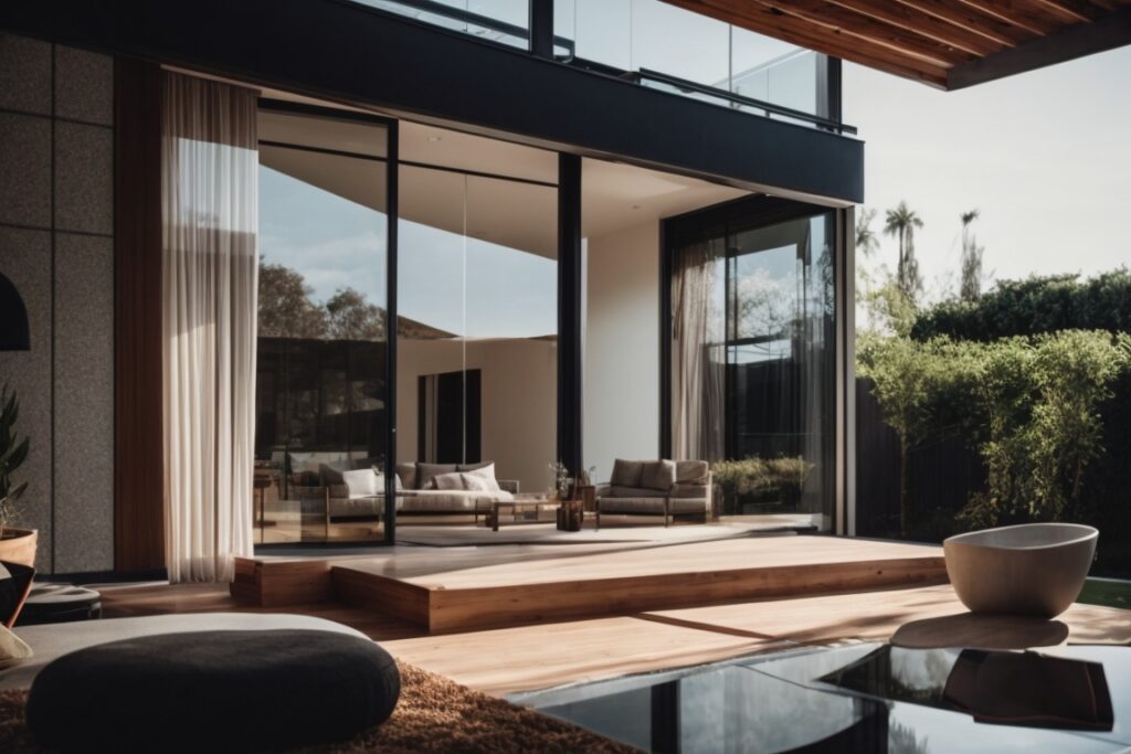 modern home with opaque privacy window films, comfortable living room interior