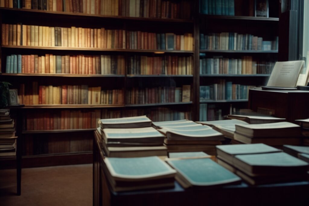 interior of a bookstore with faded books and UV film on windows