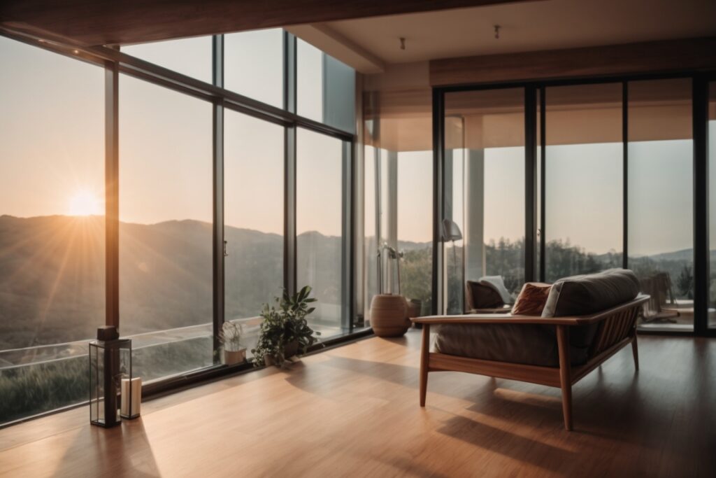 Cozy home interior with visible solar control window film