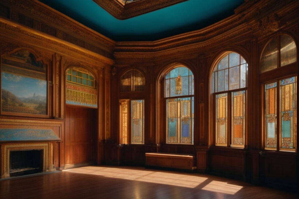 Interior of a historic building in Oakland with UV-blocking window films, vivid colors of century-old paintings, and intricate woodwork