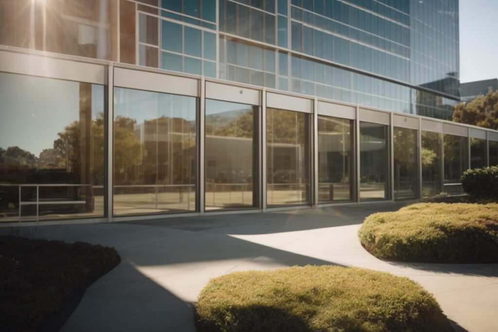 Sunny day with glass office building in Oakland displaying solar film on windows
