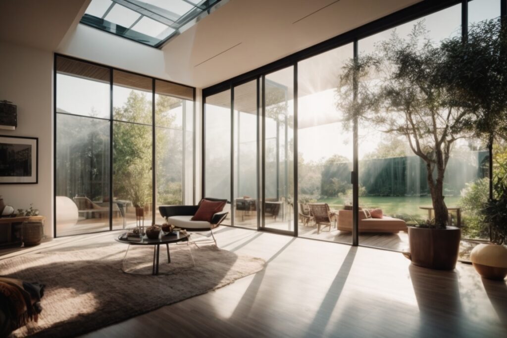 modern home interior with visible solar window films, UV protection, comfortable living space