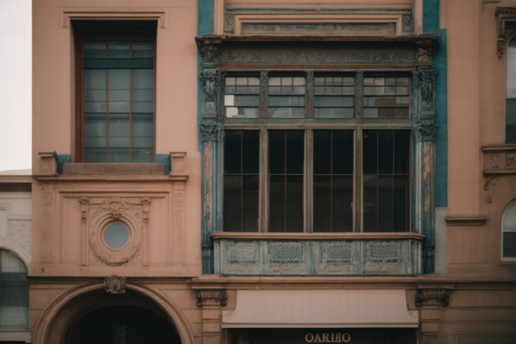 Historical building in Oakland with modern art installations and opaque windows
