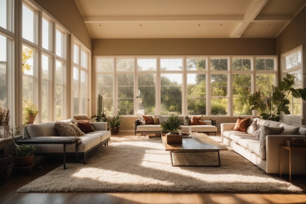 sunlit living room with energy-saving tinted windows in Oakland home