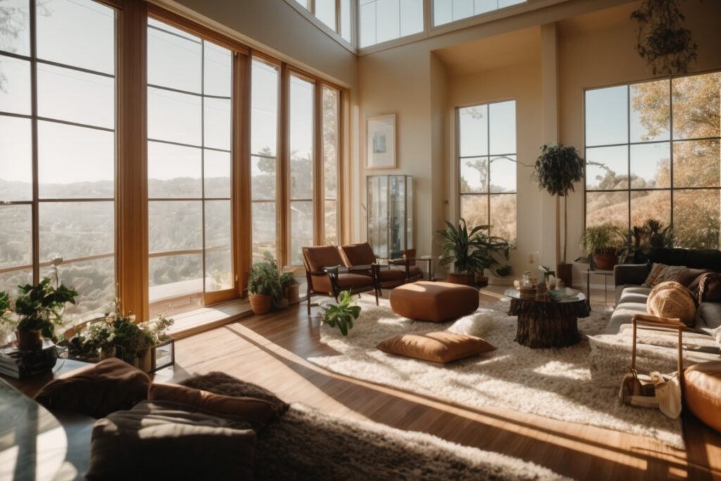 Oakland home interior with energy-efficient window films, sunlight filtering through