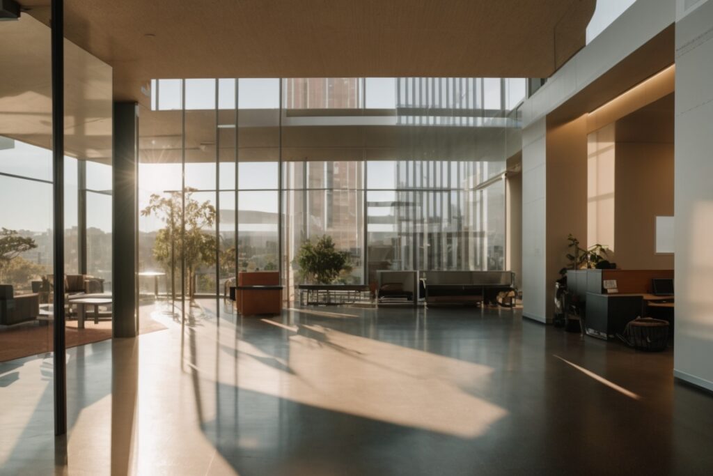 Oakland office interior with glare reduction window film and sunlight streaming through