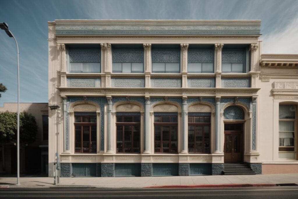 Historic building in Oakland with decorative window film and preserved facade