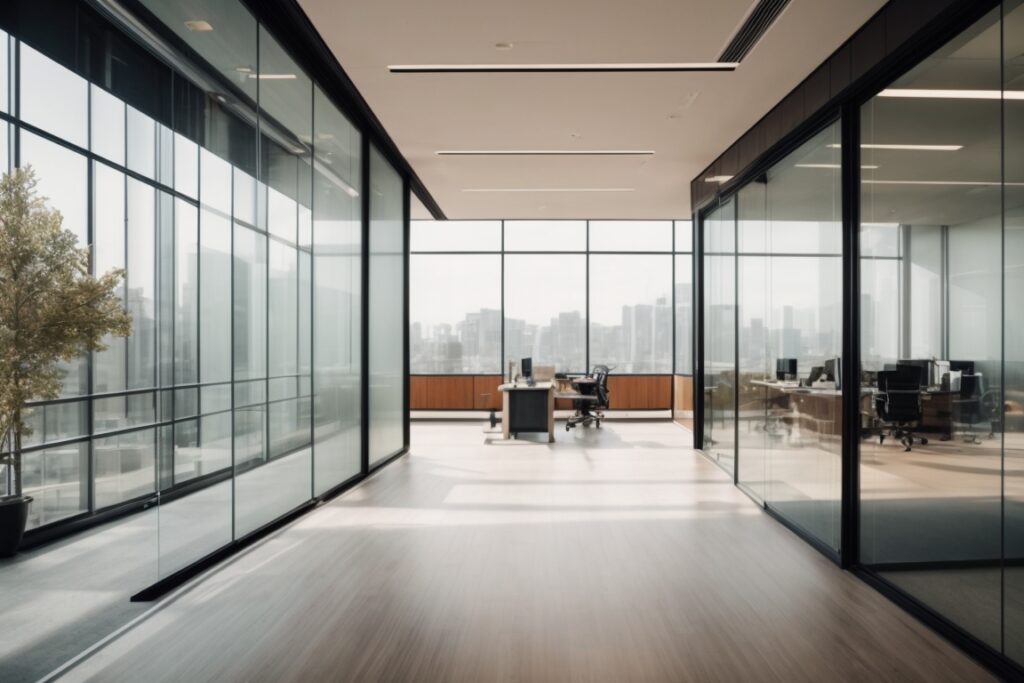 Modern office with large windows featuring opaque frosted privacy film
